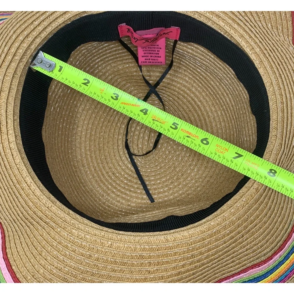 Betsey Johnson Rainbow Ribbon Floppy Sun Hat Wide Brim Straw Beach O/S Adjusts